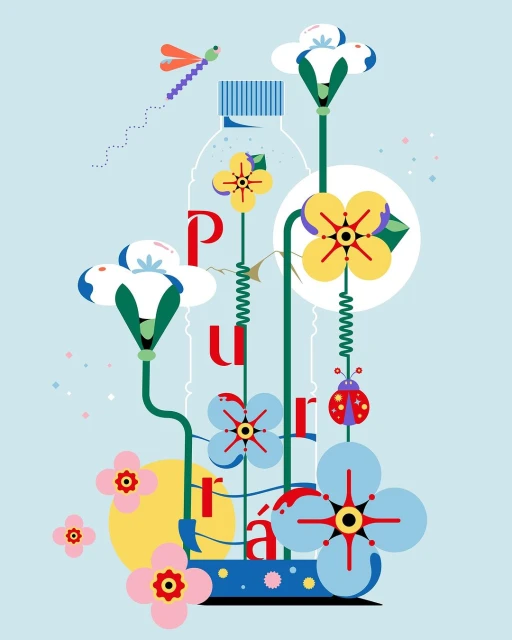 Whimsical vector art shows an abstract composition with flowers, ladybug, dragonfly, and bottle with the word Pura in red font.