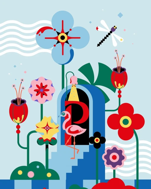 Whimsical digital art illustration of flowers, flamingo, and a dragonfly against a light blue background in a vibrant, colorful style.