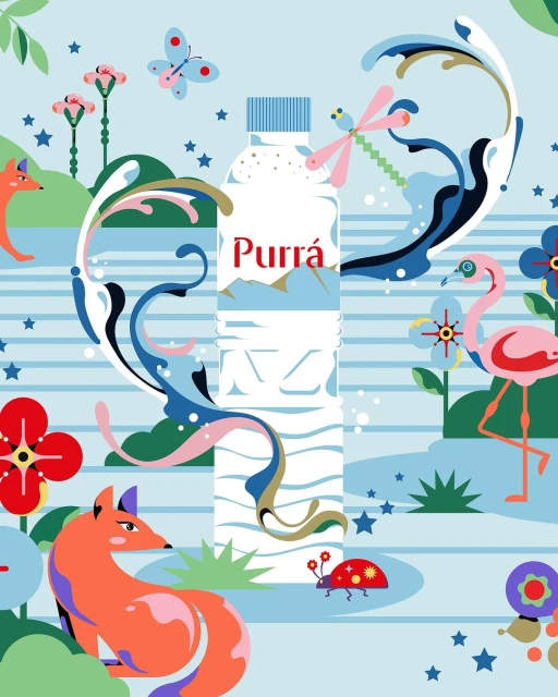 Purra water bottle illustration with a fox, flamingo, butterfly, and ladybug on a light blue background with swirls and flowers.