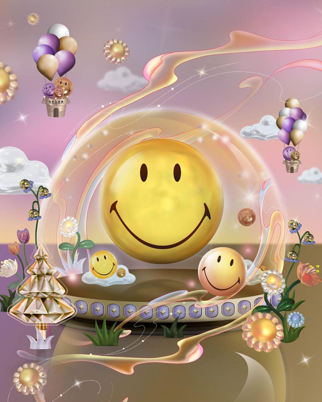 Whimsical digital artwork with golden smiley face at the center, surrounded by swirling patterns, balloon bouquets, and festive decorations.