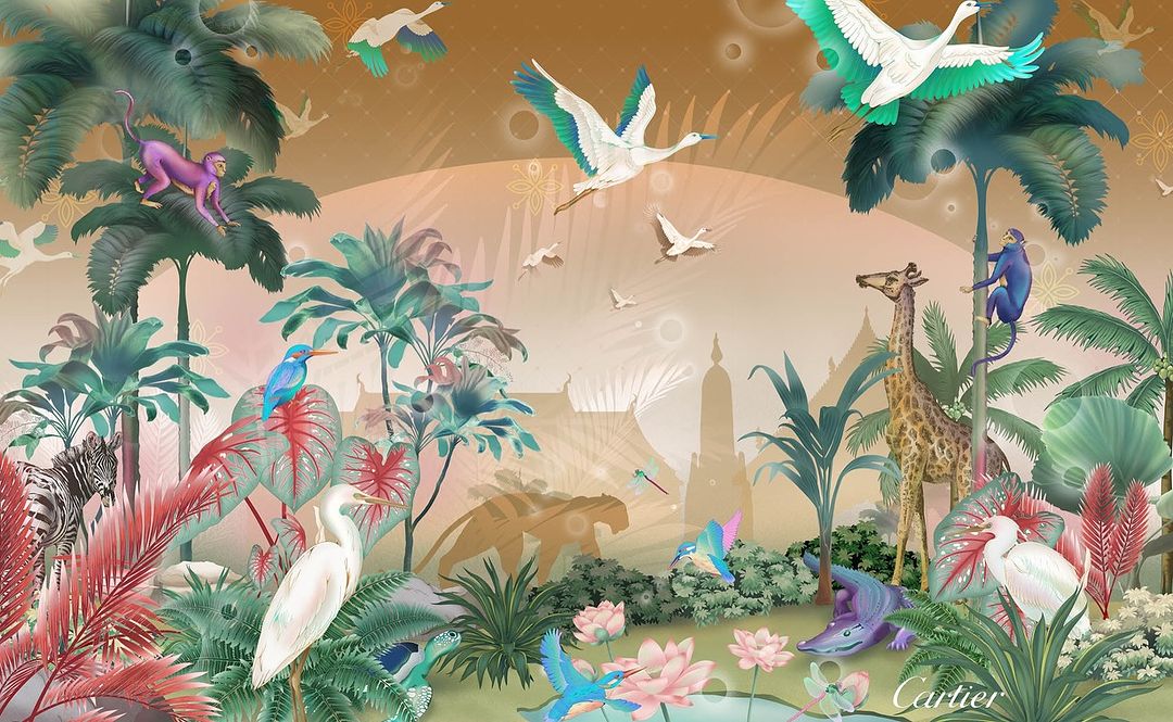 Illustration with birds, monkeys, giraffe, zebra, crocodile, palm trees, and lotus flowers against a backdrop of Asian architecture.