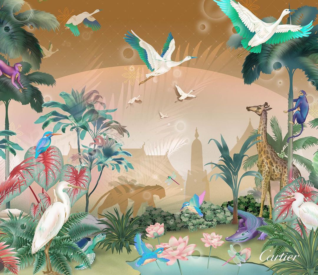 Lush illustration of animals and vegetation, including birds, monkeys, a giraffe, and a tiger, set against a tan backdrop.