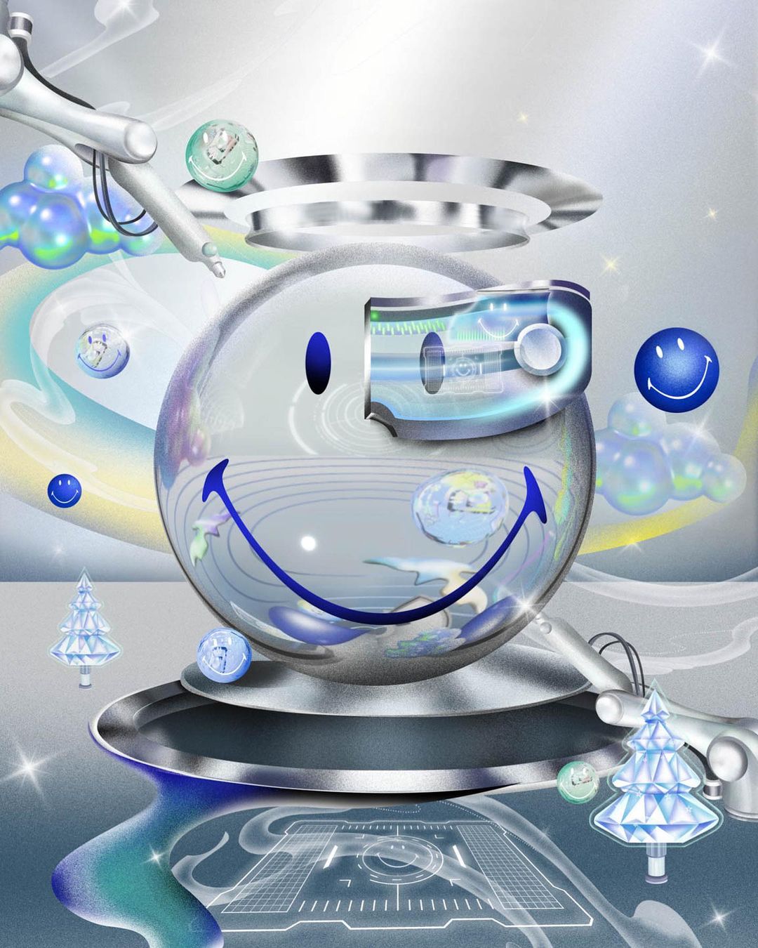 Digital art rendering a transparent smiley face orb with a VR headset, robot arms, and reflective surfaces in a futuristic environment.