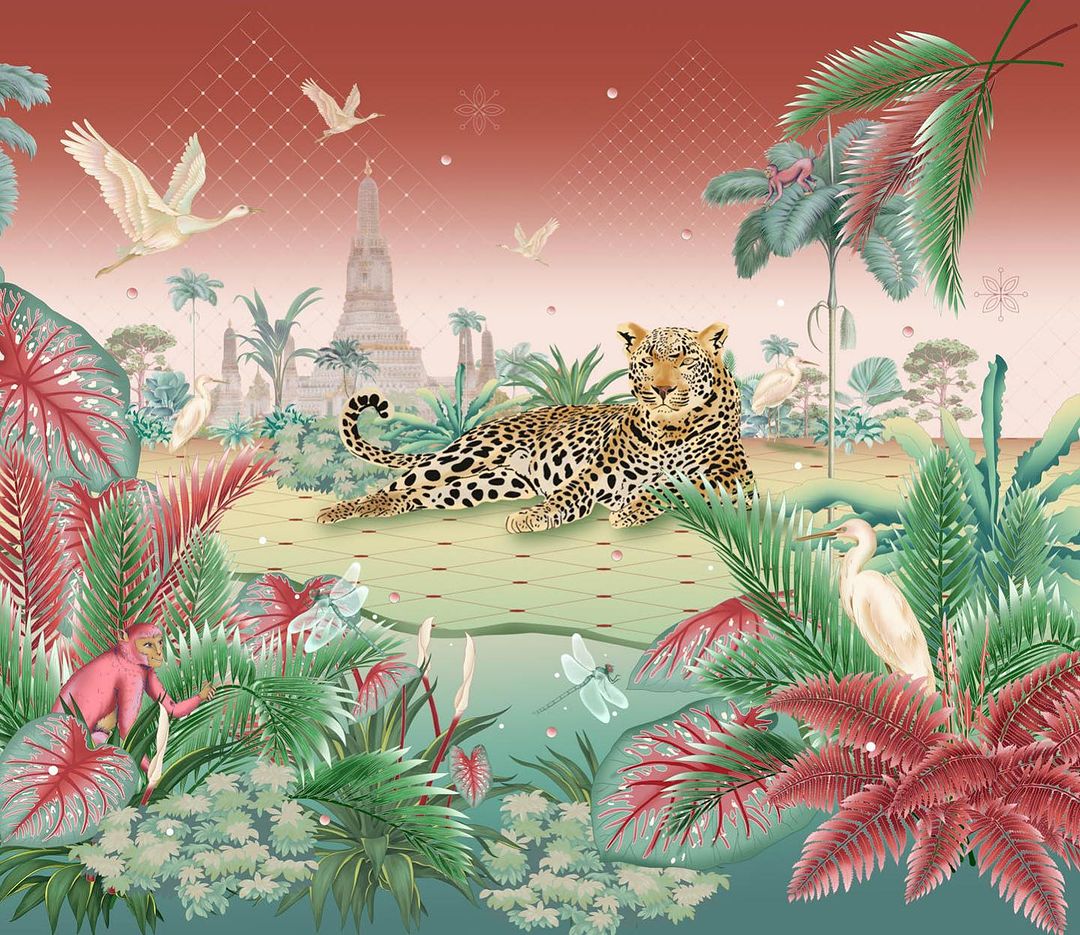 Digitally rendered scene with a leopard lounging amidst lush green and red foliage, white birds flying, and a distant temple.