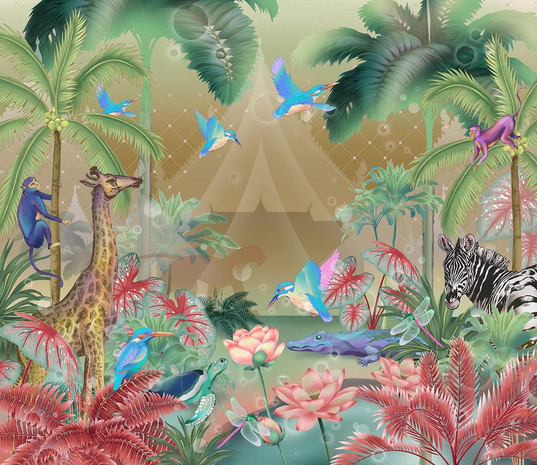Tropical illustration of jungle scene featuring giraffe, zebra, monkeys, turtles, birds, crocodiles, pink flowers, and palm trees.