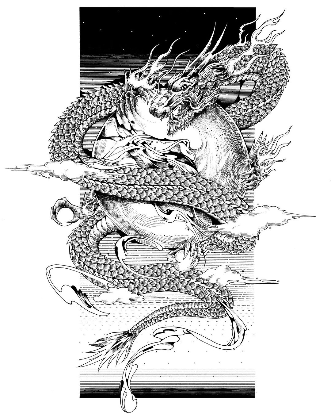 Illustration of a black-and-white dragon wrapped around a sphere against a dark background. The dragon is in a stylized art style.