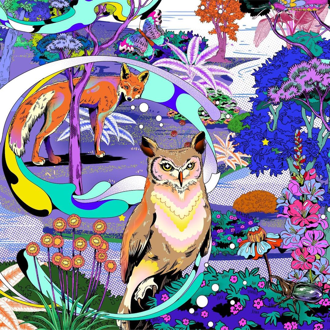 Illustration of a fox and owl within a colorful garden scene with plants, flowers, and butterflies, in a vibrant and whimsical style.