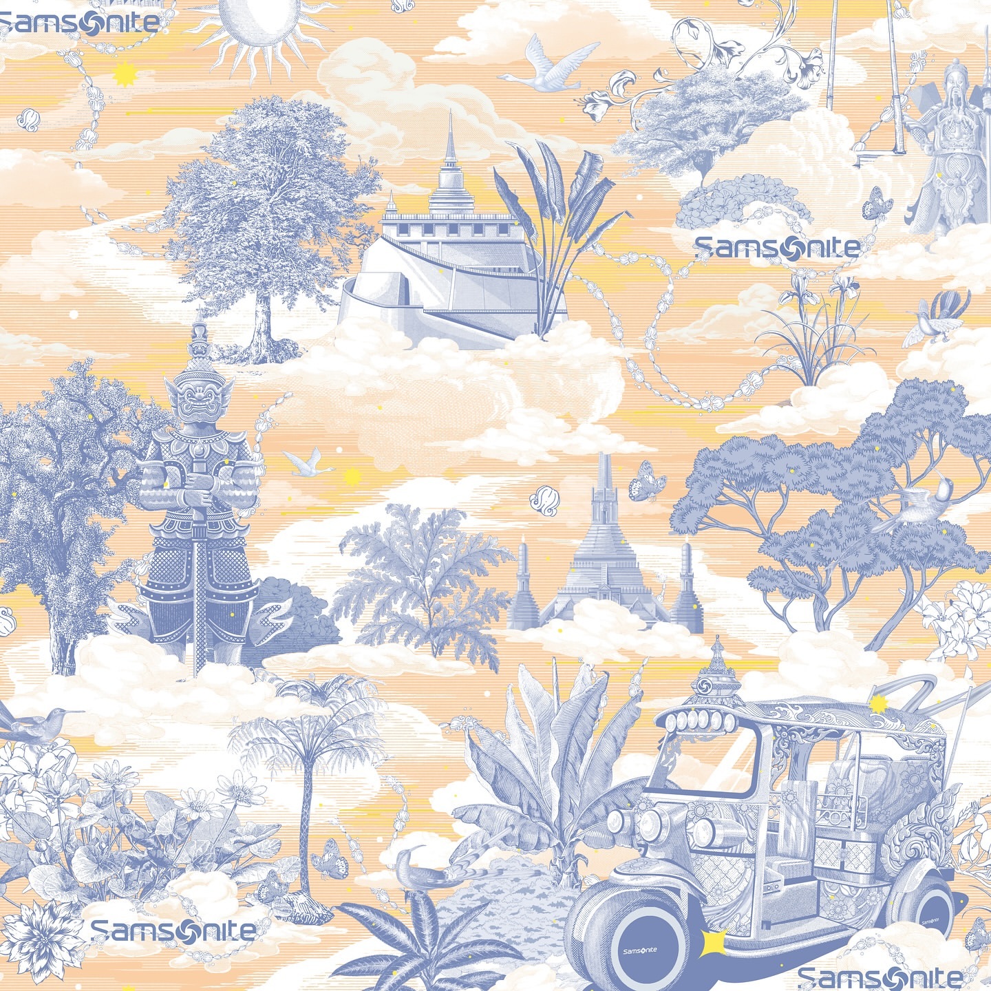 Whimsical illustration featuring Thai landmarks, tuk-tuk, and flora in blue against a peach backdrop, overlaid with Samsonite branding.