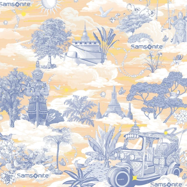 Whimsical illustration featuring Thai landmarks, tuk-tuk, and flora in blue against a peach backdrop, overlaid with Samsonite branding.