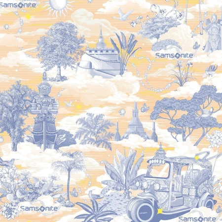 Whimsical illustration featuring Thai landmarks, tuk-tuk, and flora in blue against a peach backdrop, overlaid with Samsonite branding.