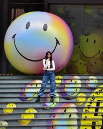 A woman posing on stairs in front of a giant inflatable smiley face sphere with rainbow gradient colors by illustrator Pomme Chan