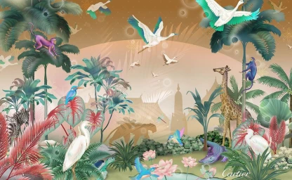 Detailed digital illustration of a lush jungle landscape filled with exotic wildlife, palm trees, and tropical birds by Pomme Chan.
