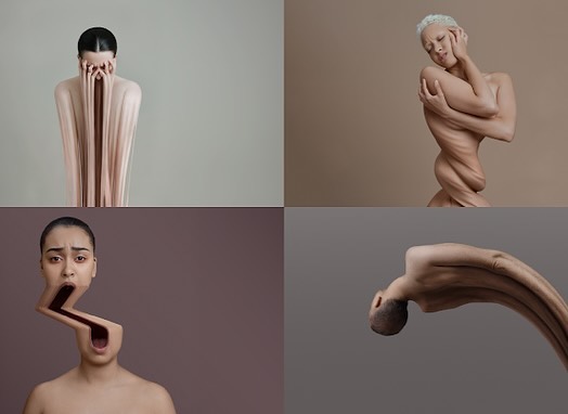Four portraits of young adults with creative post-production effects. The portraits show different poses and expressions on neutral backgrounds.