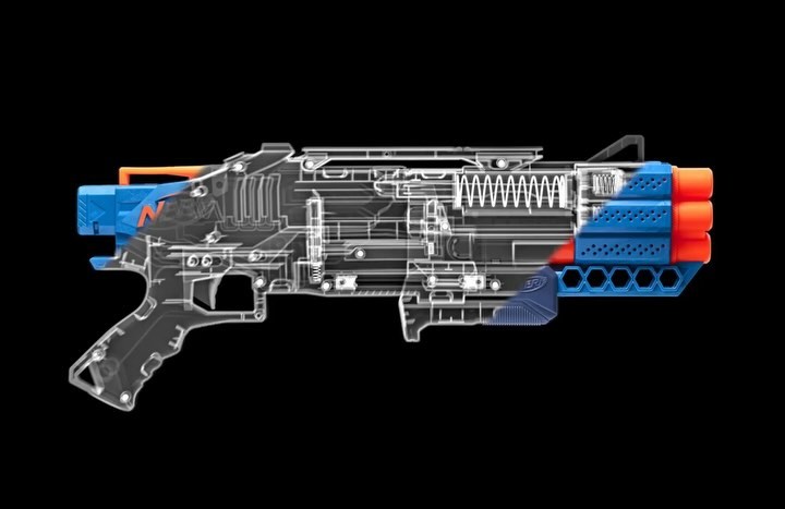Toy blaster, transparent design with orange and blue accents, set against a stark black background showcasing internal components.