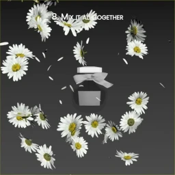 A perfume bottle surrounded by floating white daisies and falling petals against a dark grey background.