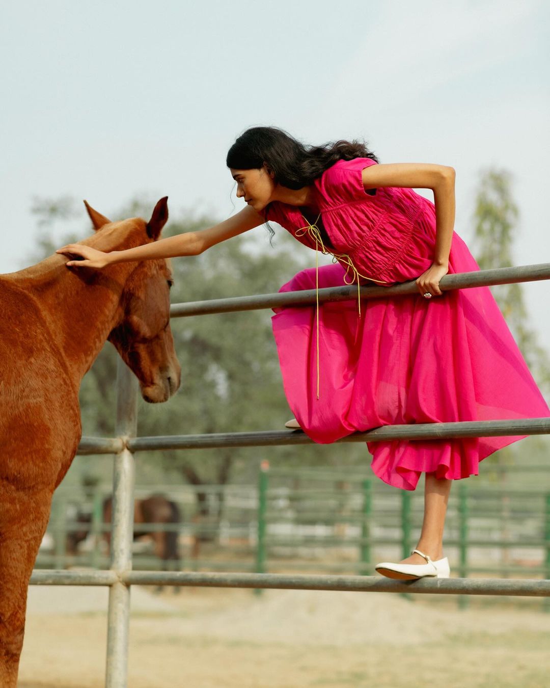 An adult female in a pink dress pets a brown horse over a metal fence on a ranch. A soft, natural outdoor light sets a calm mood.