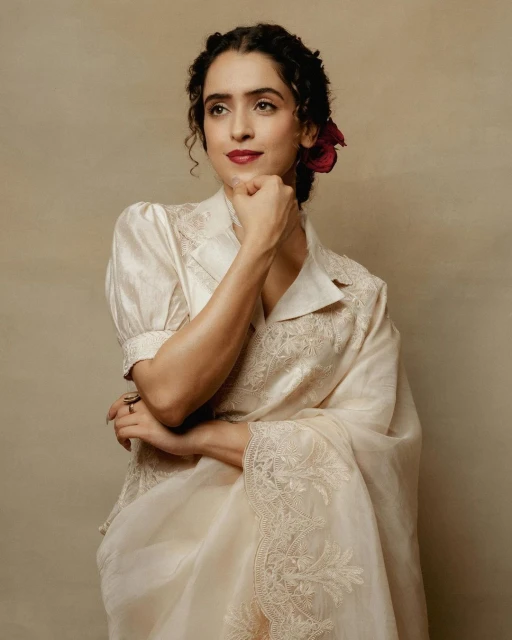 A woman wearing an embroidered formal sari with a flower in her hair, poses in a studio with a neutral background, looking off camera.
