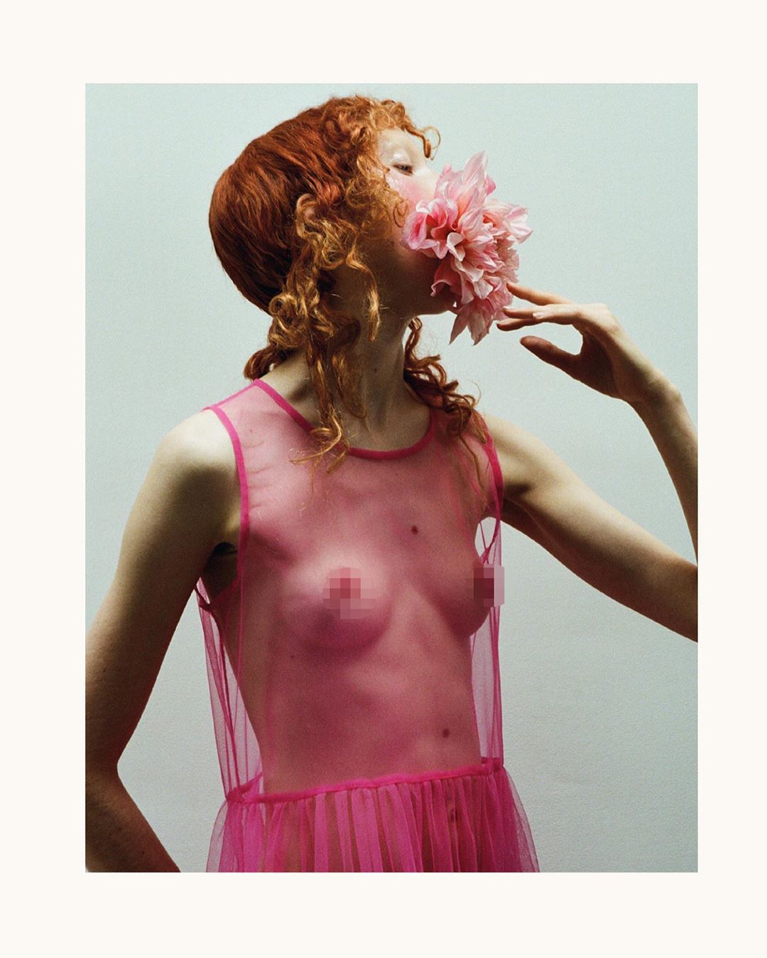 A woman with red curly hair poses in a pink sheer dress with a large pink flower covering part of her face in a studio shot.