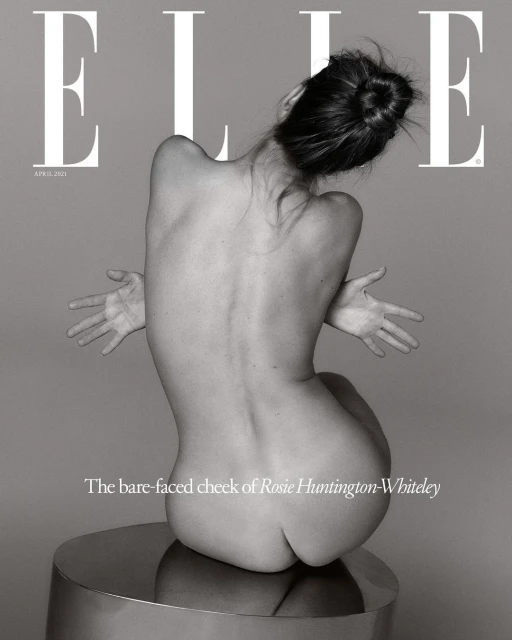 Elle Magazine cover featuring a nude woman sitting on a round metallic surface, back to camera, arms outstretched, against a grey backdrop.