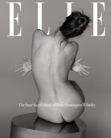 Elle Magazine cover featuring a nude woman sitting on a round metallic surface, back to camera, arms outstretched, against a grey backdrop.