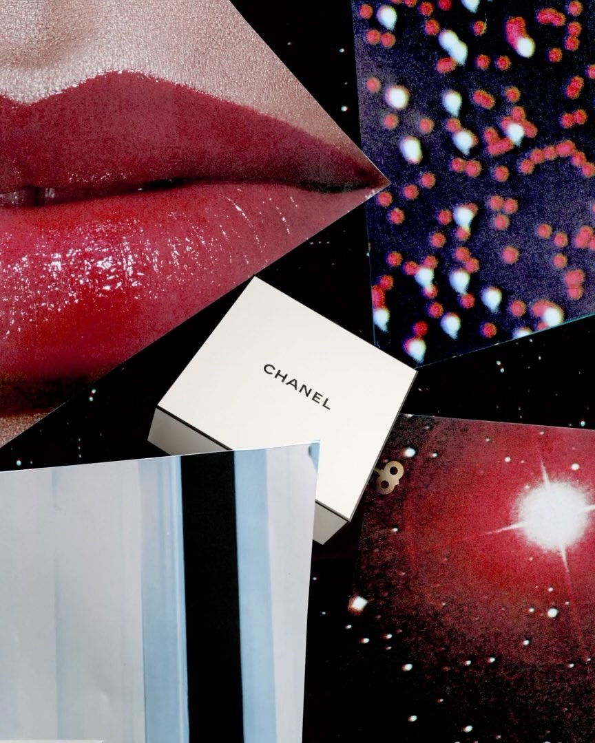 Beauty shot featuring red glossy lips, a Chanel box, and abstract backgrounds in shades of black, white, blue, and red.