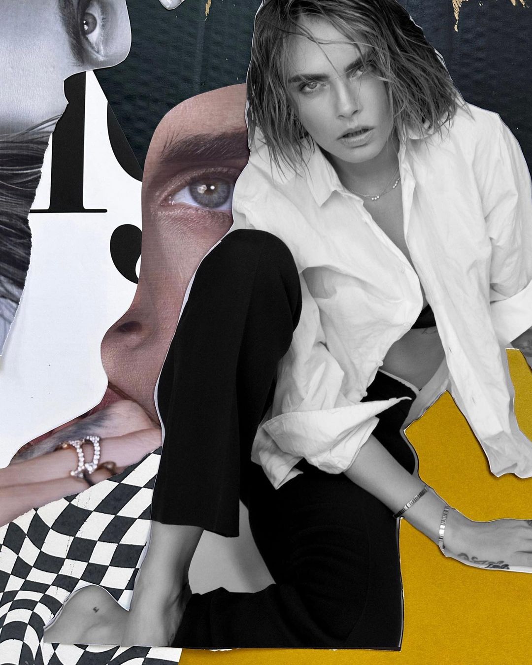 Black-and-white artistic collage featuring a model in a white shirt and black pants, set against a backdrop of mixed media elements.