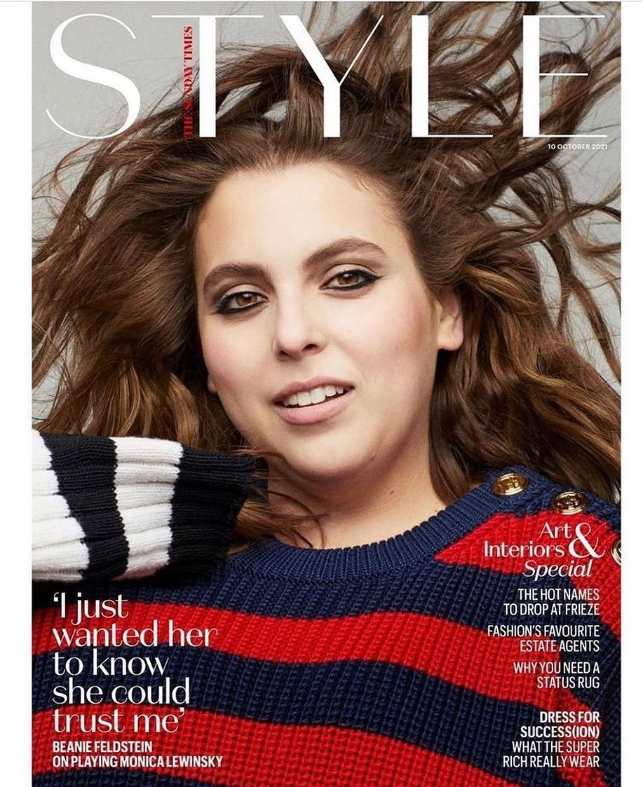 Magazine cover featuring Beanie Feldstein. The cover displays her in a striped sweater with the masthead 'Style' prominently.