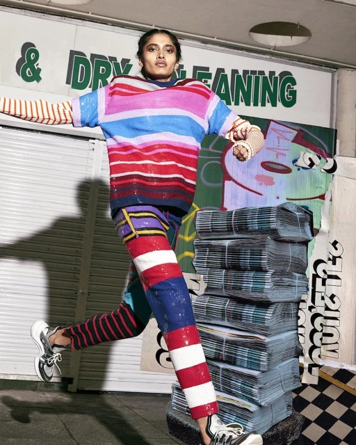 Woman in striped top and pants jumps in front of a dry cleaning business and a collage of newspapers and graffiti art.