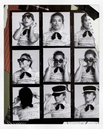 Contact sheet photo collage featuring Florence Pugh wearing dark sunglasses, patterned top with black bow, and a cap.