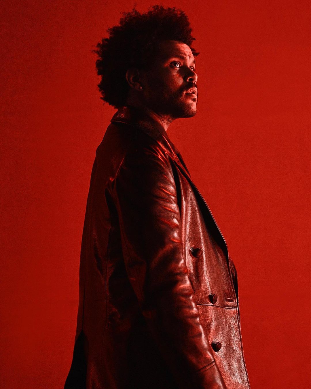 Portrait of a stylish adult male with dark hair, wearing a red leather jacket against a monochromatic red background, fashion forward.
