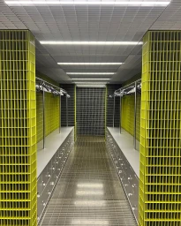 Symmetrical interior shot of a corridor with bright yellow grid columns and metal clothing racks on both sides by Quinn Gravier.