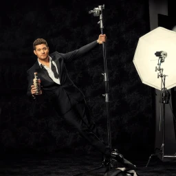 Michael Buble in black suit holding a liquor bottle while leaning diagonally on a studio light stand in front of dark background
