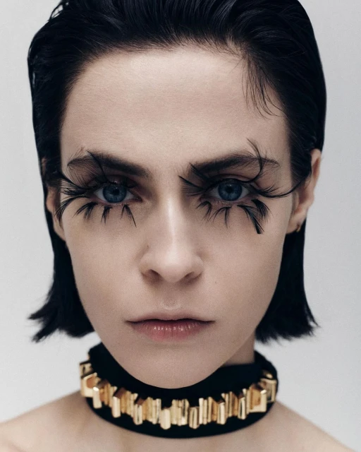 Close-up portrait of a woman with blue eyes and black hair, featuring dramatic black feather eyelashes and a gold statement choker.