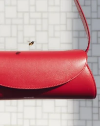 Red leather shoulder bag with a small wasp hovering above it against a tiled background