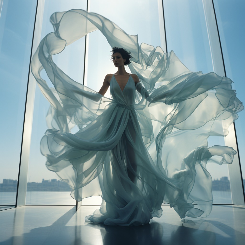 Fashion model in a flowing blue dress poses indoors by large windows overlooking water and city buildings on a sunny day.
