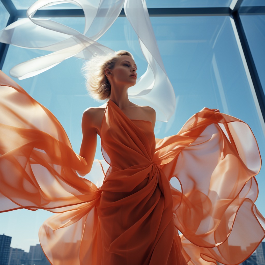Woman in flowing orange dress stands by window with sheer white fabric. City buildings visible. Fashion, dress, wind, fabrics.