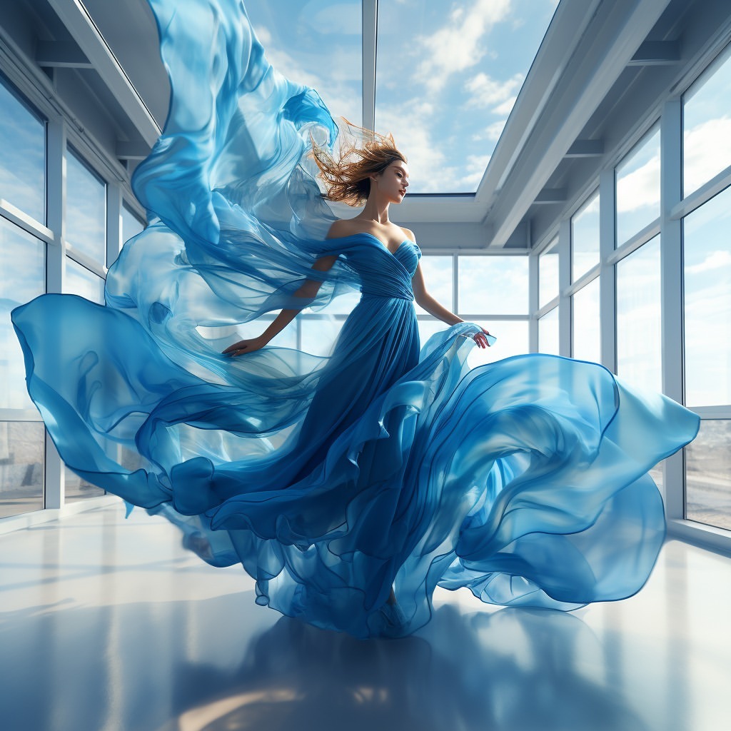 Woman in a flowing blue gown posing by windows with a sky view. The gown billows around her in a light, airy studio space.