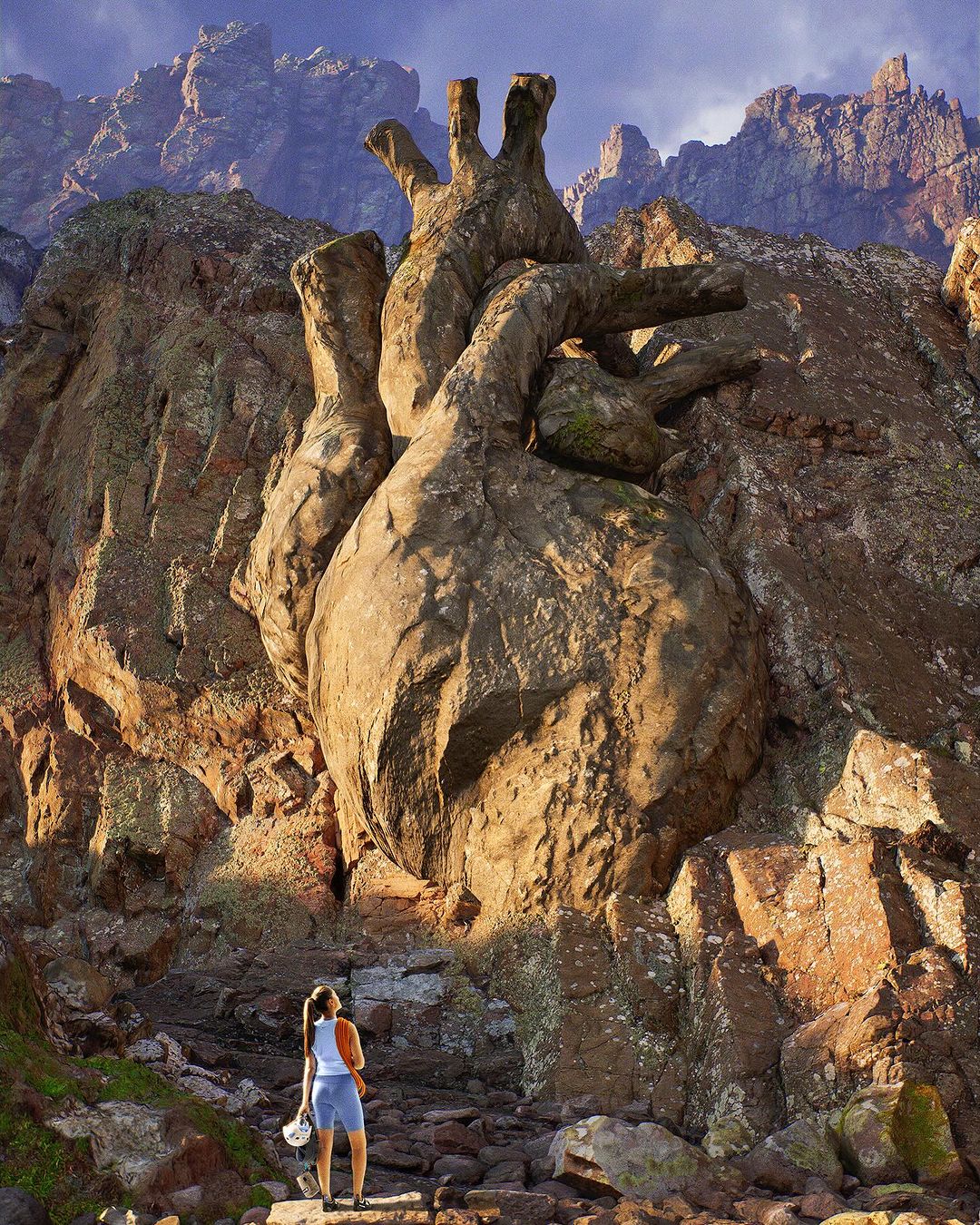Woman stands before heart-shaped rock formation in a mountain landscape during daytime, highlighting nature and human interaction with art.