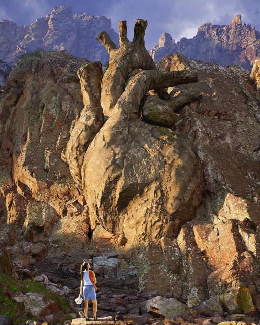 Woman stands before heart-shaped rock formation in a mountain landscape during daytime, highlighting nature and human interaction with art.