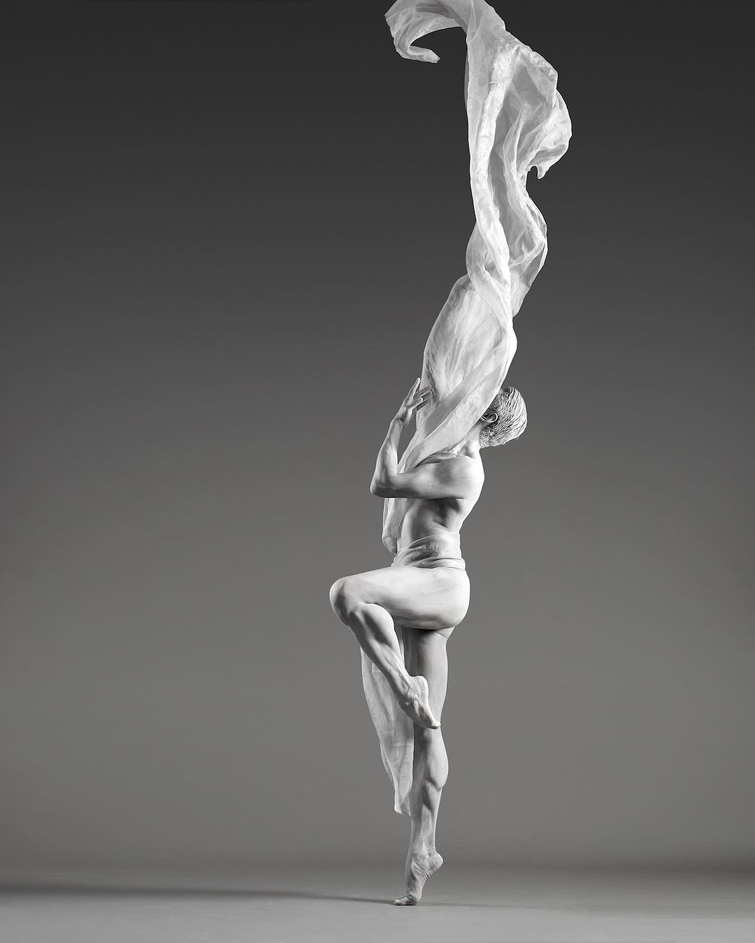 Monochromatic dance photography of a lithe male dancer in suspended ballet pose draped with a sheer white fabric, against a grey backdrop.