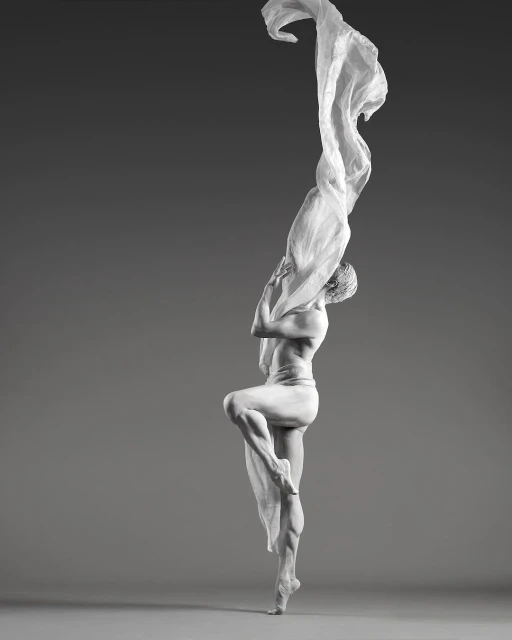 Monochromatic dance photography of a lithe male dancer in suspended ballet pose draped with a sheer white fabric, against a grey backdrop.