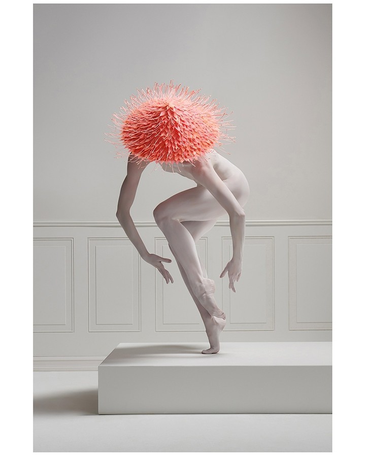 Person in pointe shoes and coral headdress strikes a pose against a white wall with wainscoting and a white block in the foreground.