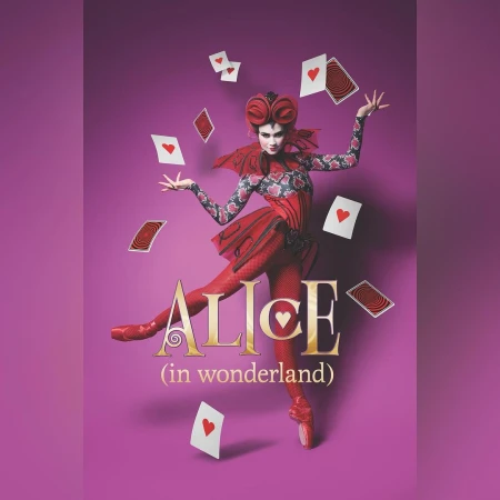 A costumed woman in a fantasy portrait for 'Alice in Wonderland' stands on pointe, juggling playing cards, against a purple backdrop.