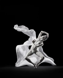 Dancer in dynamic pose with flowing white fabric against a solid black background by Rachel Neville