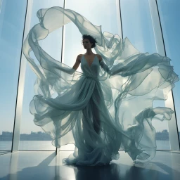 Model in flowing light blue gown with dramatic billowing sheer fabric against large windows overlooking water by Rachel Neville