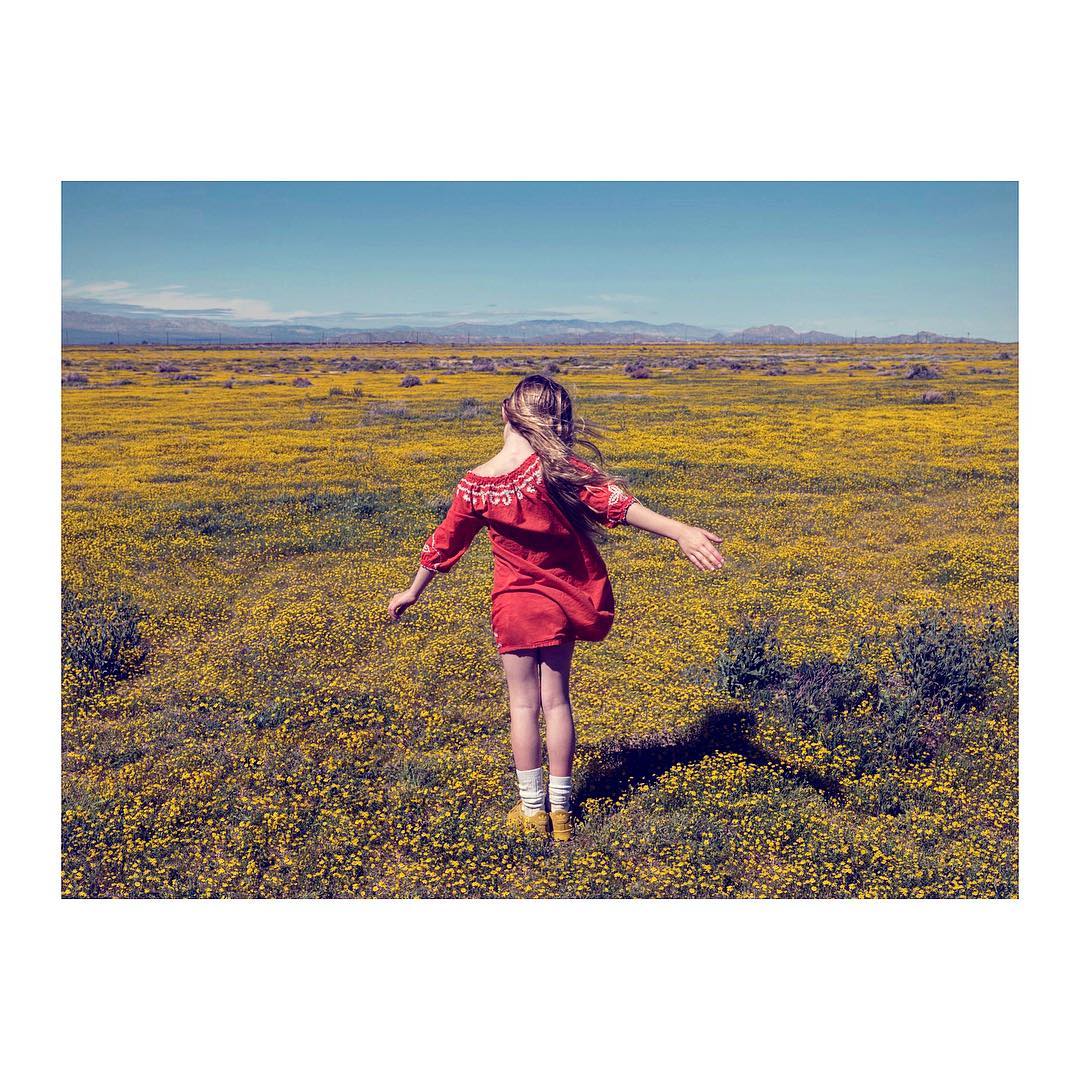 Young girl in red dress with arms outstretched standing in field of yellow wildflowers under sunny blue sky with distant mountains.