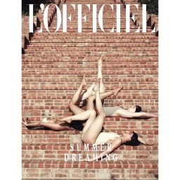 Three female models lying on brick outdoor steps with legs raised, photographed by Radka Leitmeritz.