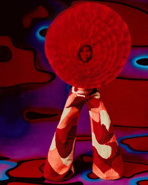 A person wearing a large round red flower-like headpiece and patterned pants stands against a surreal red and purple background.