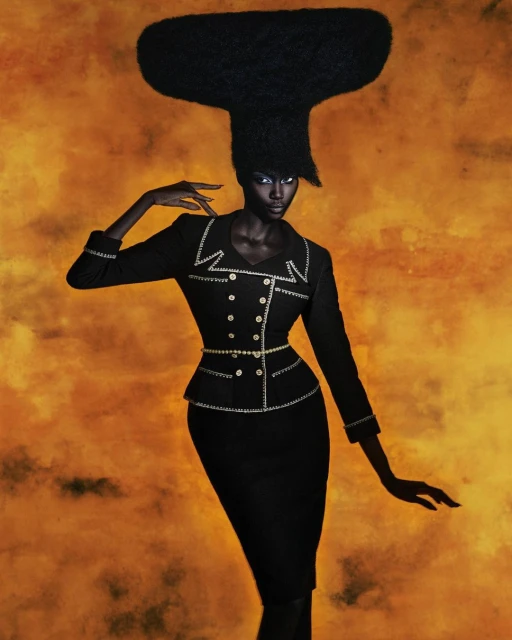 A striking black woman with a unique hairstyle in a black skirt suit poses against an orange background, showcasing high fashion.