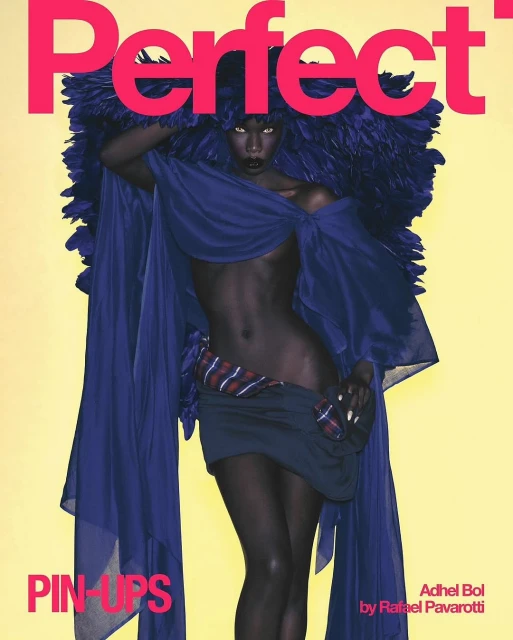 Cover shot of Adhel Bol in feathered headpiece and blue draped fabric, featured in 'Perfect' magazine with a yellow background.